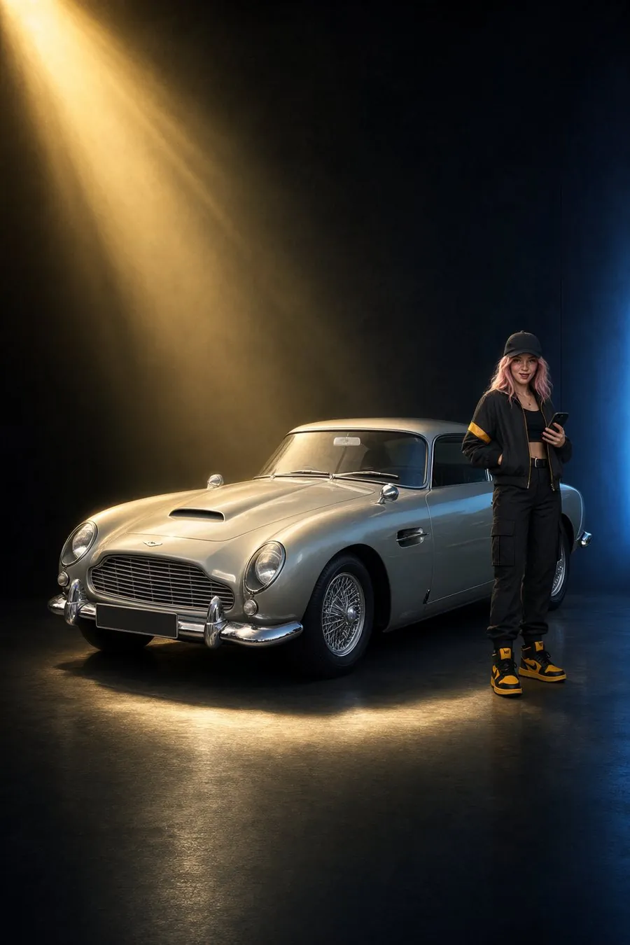 Rara, téléphone en main, à côté d'une Aston Martin DB5 argent