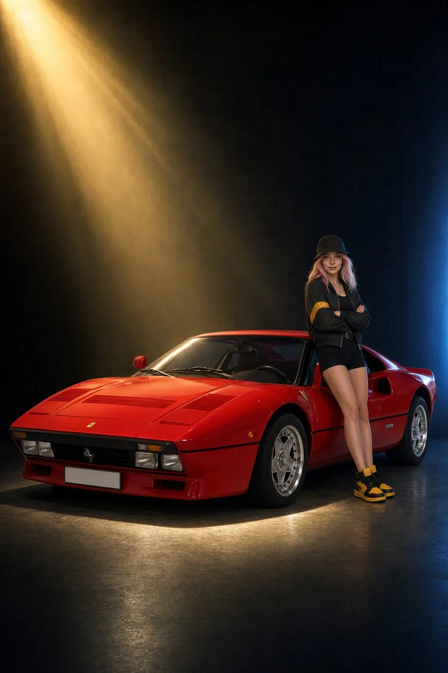 Rara adossée à une Ferrari 288 GTO rouge, bras croisés