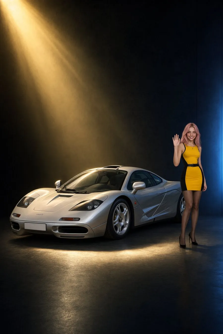 Rara en robe jaune et noire salue à côté d'une McLaren F1 grise